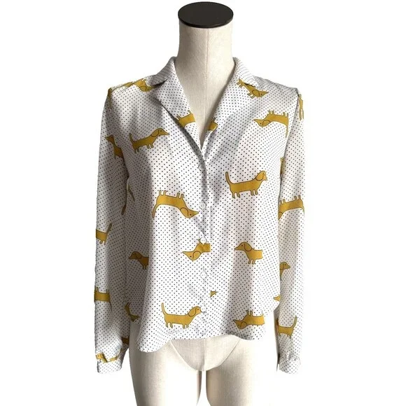 F21 Dachshund Dog Print Button Down Blouse Forever 21 Small - Picture 5 of 12